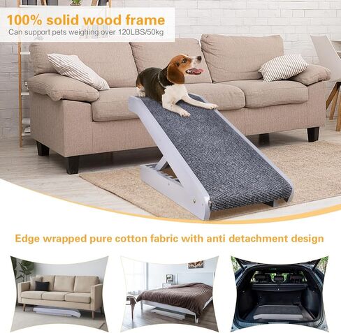 Voraiya®Dog Stairs -Thickened Solid Wood, Dog Ramps for Small Dogs, Pet Stairs -5 Levels with Adjustable Height, Non Slip Portable Folding, Supports up to 120 lbs, Pet Ramps for High Beds, Sofa, Car in Kuwait