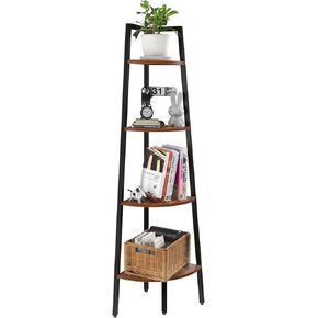 Yoobure 4-Tier Corner Bookshelf with Metal Frame - Ladder Display Shelf for Bedroom and Living Room, Tall Wood Corner Bookcase and Plant Stand