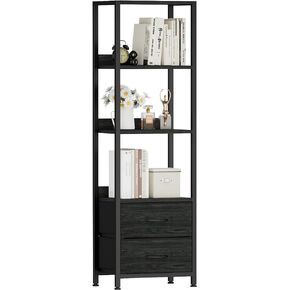 Furnulem 4-Tier Corner Shelf, Bookshelf with 2 Storage Drawers, 57.28"Tall Narrow Bookcase, Standing Shelf Organizer Unit for Living Room, Bedroom, Metal Frame, Wood Display Shelf