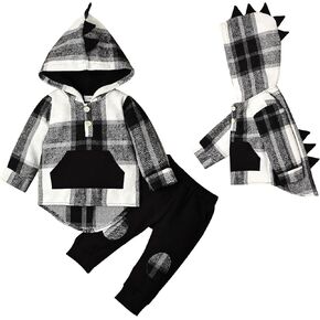ODIMAME Toddler Baby Boy Clothes Long Sleeve Dinosaur Plaid Hoodie Sweatshirt + Pocket Pants Set 6 Months-4 Years in Kuwait