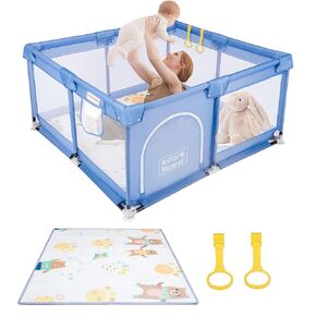Infant Master Baby Playpen, 49''x49'' Playpen for Baby & Toddler, with Portable Mat & Hand Pulling Ring, External Zipper Entrance Safe for Baby, Blue(QL-PL-B120)