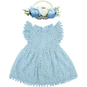 BGFKS Baby Girl Tutu Dress Elegant Lace Pom Pom Flutter Sleeve with Flower Headband Set in Kuwait