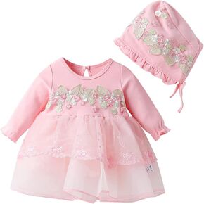 Toddler Baby Girl Long Sleeve Fall Dress Flower Lace Wedding First Birthday Baptism Christening Dresses with Hat Outfit