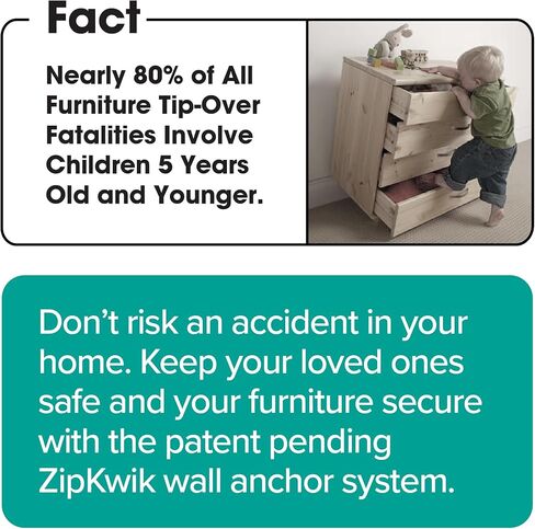 مثبتات أثاث مضادة للطرف من ZIPKWIK (10 عبوات) - نظام تثبيت جداري آمن للأطفال لحماية الطفل - تصميم غير مرئي غير مرئي، مقاوم للزلازل، سهل التركيب لمدة 30 ثانية، مجموعة واسعة من التطبيقات in Kuwait