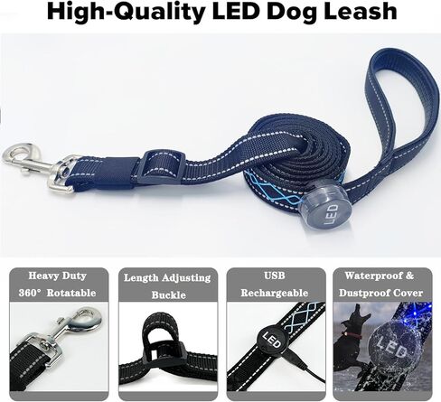 مقود الكلاب بإضاءة LED من فن الحيوانات الأليفة، مقود نايلون قابل لإعادة الشحن للمشي ليلاً، طول قابل للتعديل 4-6 أقدام، مقاوم للماء ومتين باللون الأزرق in Kuwait