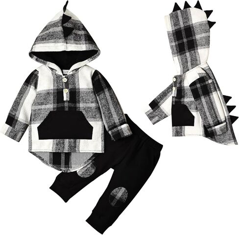 ODIMAME Toddler Baby Boy Clothes Long Sleeve Dinosaur Plaid Hoodie Sweatshirt + Pocket Pants Set 6 Months-4 Years in Kuwait