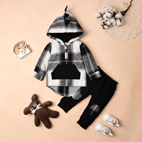 ODIMAME Toddler Baby Boy Clothes Long Sleeve Dinosaur Plaid Hoodie Sweatshirt + Pocket Pants Set 6 Months-4 Years in Kuwait