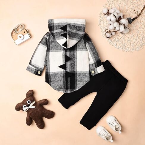 ODIMAME Toddler Baby Boy Clothes Long Sleeve Dinosaur Plaid Hoodie Sweatshirt + Pocket Pants Set 6 Months-4 Years in Kuwait