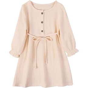 GLIGLITTR Toddler Baby Girl Cotton Linen Dress Long Sleeve Crew Neck Dresses Button Down Dresses Casual Spring Fall Dress