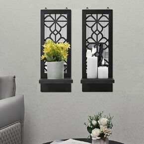 Candle Sconces Wall Decor Set of 2, Candle Holder Rustic Home Decor, Farmhouse Art Floating Mirror Sconces Black Wall Decorations for Living Room, Dining Room, Bedroom, Bathroom