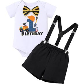 ODASDO Baby Boy Ocean/Excavator/Basketball Theme 1st Birthday Smash Cake Outfit Bow Tie Romper Shorts Suspenders Set in Kuwait