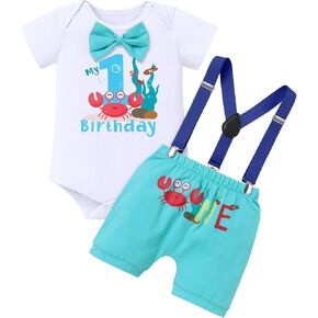ODASDO Baby Boy Ocean/Excavator/Basketball Theme 1st Birthday Smash Cake Outfit Bow Tie Romper Shorts Suspenders Set in Kuwait