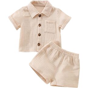 Toddler Baby Boys Clothes Set Button-Down Shirt Tops + Cotton Linen Shorts Summer Outfit 2PCS with Pockets in Kuwait