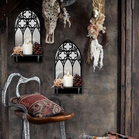 Auidy_6TXD مجموعة حامل شموع الجدار القوطي القوطي من 2، شمعدانات حائط الكنيسة المقوسة ديكورات جدارية ريفية سوداء لغرفة المعيشة والحمام وغرفة الطعام in Kuwait