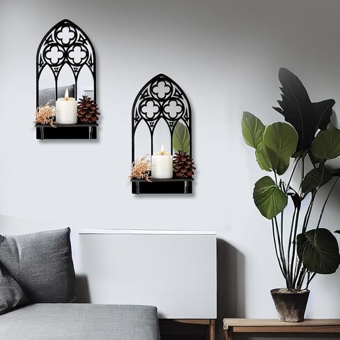 Auidy_6TXD مجموعة حامل شموع الجدار القوطي القوطي من 2، شمعدانات حائط الكنيسة المقوسة ديكورات جدارية ريفية سوداء لغرفة المعيشة والحمام وغرفة الطعام in Kuwait