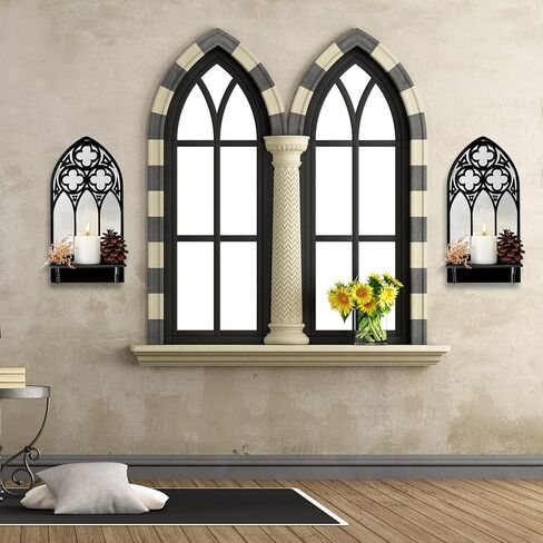 Auidy_6TXD مجموعة حامل شموع الجدار القوطي القوطي من 2، شمعدانات حائط الكنيسة المقوسة ديكورات جدارية ريفية سوداء لغرفة المعيشة والحمام وغرفة الطعام in Kuwait
