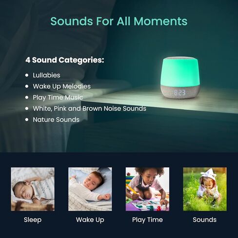 آلة الصوت والضوء من بيبي سينس دريمر للأطفال، إضاءة ليلية RGB قابلة للتعديل، عرض الساعة ودرجة الحرارة، مدرب النوم، جدول البرامج، مهدئ للضوضاء باللون الأبيض والوردي والبني، التهويدات والأصوات in Kuwait