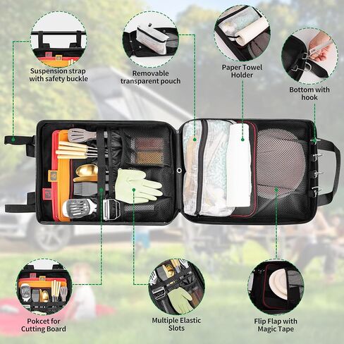 Chyaidach Hanging Camp Kitchenware Organizer with Paper Towel Holder& Hooks - Portable Camping Cooking Gear Bag for Cutlery, Condiments - Outdoor Kitchen Utensils Travel Bag for RV, BBQ, Hiking in Kuwait