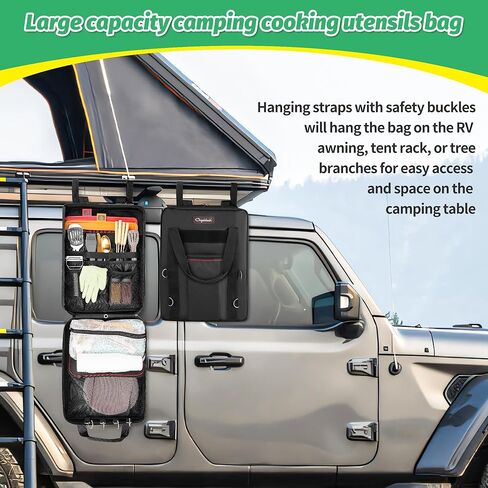 Chyaidach Hanging Camp Kitchenware Organizer with Paper Towel Holder& Hooks - Portable Camping Cooking Gear Bag for Cutlery, Condiments - Outdoor Kitchen Utensils Travel Bag for RV, BBQ, Hiking in Kuwait