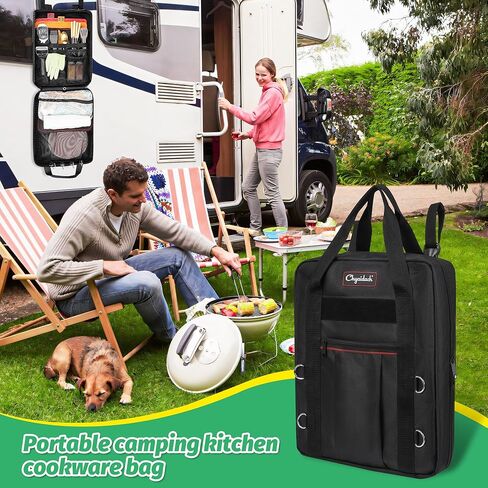 Chyaidach Hanging Camp Kitchenware Organizer with Paper Towel Holder& Hooks - Portable Camping Cooking Gear Bag for Cutlery, Condiments - Outdoor Kitchen Utensils Travel Bag for RV, BBQ, Hiking in Kuwait