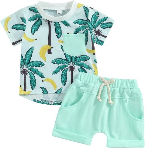 Toddler Baby Boy Clothes Beach Short Sleeve Palm Print Hawaiian T-Shirt and Drawstring Shorts Set Summer Outfit in Saudi Arabia