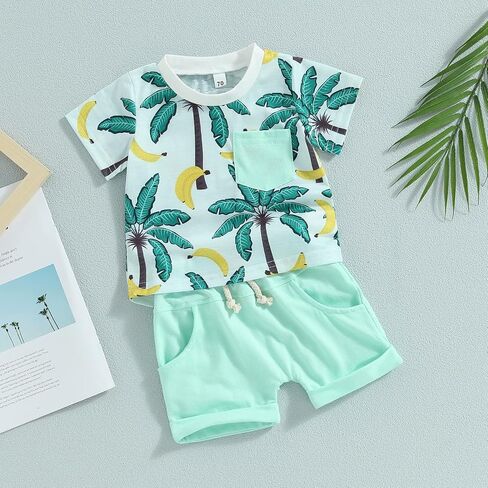 Toddler Baby Boy Clothes Beach Short Sleeve Palm Print Hawaiian T-Shirt and Drawstring Shorts Set Summer Outfit in Saudi Arabia