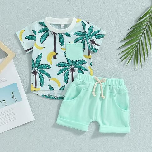 Toddler Baby Boy Clothes Beach Short Sleeve Palm Print Hawaiian T-Shirt and Drawstring Shorts Set Summer Outfit in Saudi Arabia