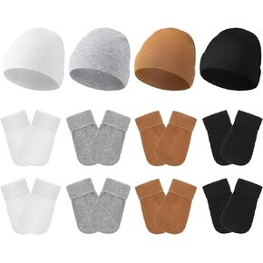 Hercicy 4 Pack Preemie Hat and Mitten Set Cotton Preemie Beanie No Scratch Baby Mitten Nicu Hospital Hat for Preemie Boy Girl