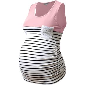 GINKANA Sleeveless Maternity Tank Top Color Block Sleeveless T-Shirts with Crochet Pocket for Pregnant