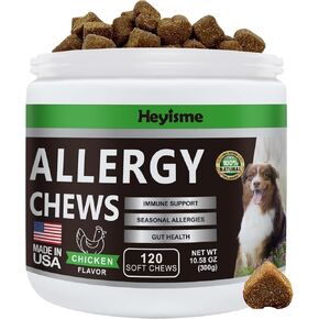 مضغ لتخفيف حساسية الكلاب من هييزمي، تخفيف الحكة والبروبيوتيك للكلاب، زيت السمك أوميغا 3، الحساسية الموسمية، تخفيف حكة الجلد، علاجات مضادة للحكة، مكمل للصحة المناعية (دجاج، 120 مضغ) in Kuwait