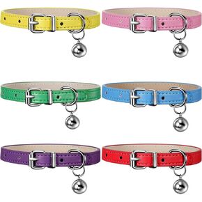 6 Pieces Leather Pet Cat Collars with Bell Soft Adjustable Leather Kitten Collars Cute Pet Collars for Small Cat Kitten Puppy (Bright Color)