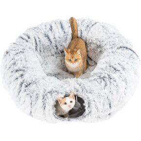 Avont Cat Tunnel Bed with Central Washable Cushion - Large Cat Tunnel Tube Toys 3 Shape to Play for Indoor Cats Kittens Puppies Ferret, Round Plush Fluffy Cat Bed with Tunnels -Red