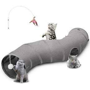 Ownpets Cat Tunnel Sturdy Oxford Fabric Cat Tunnel Toy, 4 Way Collapsible Cat Tunnels for Indoor Cats,Interactive Peek Hole Pet Tunnel Tube with Cat Wand Toy