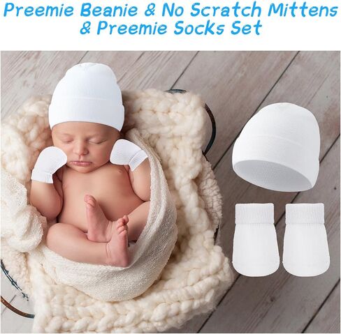4 Pack Preemie Hat and Mitten Socks Set Cotton Preemie Beanie No Scratch Baby Mitten Nicu Hospital Hat for Boy Girl in Saudi Arabia