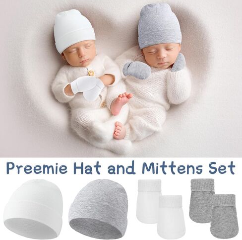 4 Pack Preemie Hat and Mitten Socks Set Cotton Preemie Beanie No Scratch Baby Mitten Nicu Hospital Hat for Boy Girl in Saudi Arabia