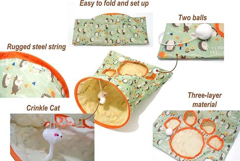 Cat Tunnel Bags for Indoor Cats，Cat Self Interactive Toys，Crinkle Paper Collapsible Cat Drill Bagwith Plush Ball,Green Hedgehog. in Kuwait