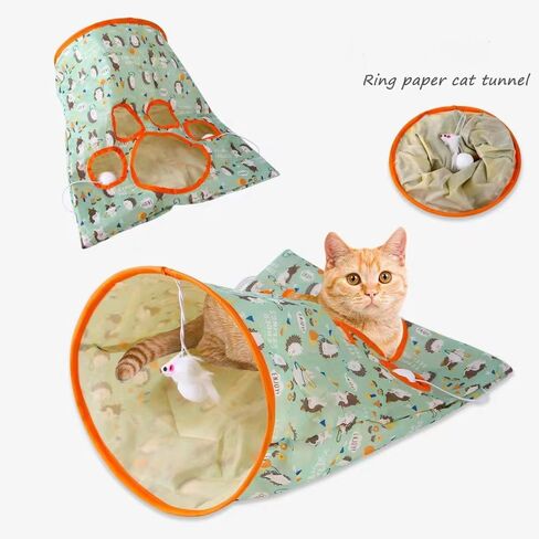 Cat Tunnel Bags for Indoor Cats，Cat Self Interactive Toys，Crinkle Paper Collapsible Cat Drill Bagwith Plush Ball,Green Hedgehog. in Kuwait