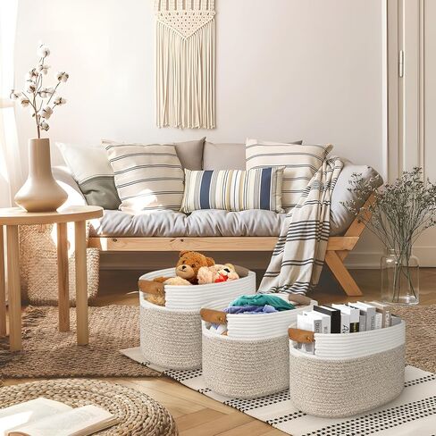 سلة من الحبال القطنية من AivaToba، سلة تخزين للتنظيم، سلة منسوجة مقاس 15 بوصة × 10 بوصة × 9.5 بوصة مع مقابض، سلال تنظيم لغرفة المعيشة، أرفف، عبوة من 3 قطع in Kuwait