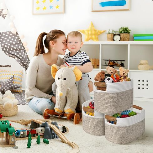 سلة من الحبال القطنية من AivaToba، سلة تخزين للتنظيم، سلة منسوجة مقاس 15 بوصة × 10 بوصة × 9.5 بوصة مع مقابض، سلال تنظيم لغرفة المعيشة، أرفف، عبوة من 3 قطع in Kuwait
