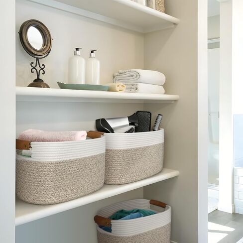 سلة من الحبال القطنية من AivaToba، سلة تخزين للتنظيم، سلة منسوجة مقاس 15 بوصة × 10 بوصة × 9.5 بوصة مع مقابض، سلال تنظيم لغرفة المعيشة، أرفف، عبوة من 3 قطع in Kuwait