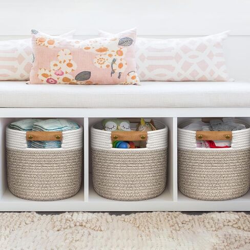 سلة من الحبال القطنية من AivaToba، سلة تخزين للتنظيم، سلة منسوجة مقاس 15 بوصة × 10 بوصة × 9.5 بوصة مع مقابض، سلال تنظيم لغرفة المعيشة، أرفف، عبوة من 3 قطع in Kuwait