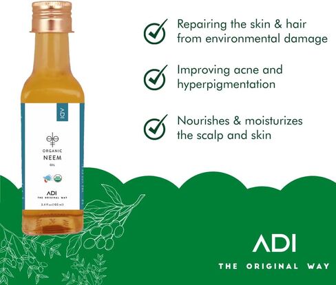 زيت النيم المضغوط البارد من آدي أورجانيك، 100 مل، معتمد من وزارة الزراعة الأمريكية | زيت عطري للبشرة والشعر والأظافر | صنع في الهند in Kuwait