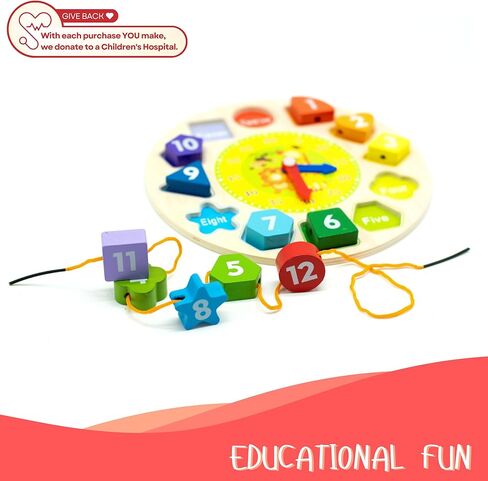 منتجات LMC ساعة خشبية بخيط وأشكال مربوطة - ألعاب تعليمية تعليمية للأطفال بعمر 3 سنوات فما فوق - ألعاب العد الخشبية وفرز الأشكال للأطفال الصغار - تبرع لمستشفى الأطفال in Kuwait