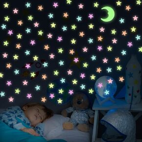 Glow in The Dark Stars and Moon for Ceiling - 200 Pcs Colorful 3D Glowing Stars for Kids Room Decor - Luminous Stickers Create a Realistic Starry Sky Ceiling Decor in Saudi Arabia