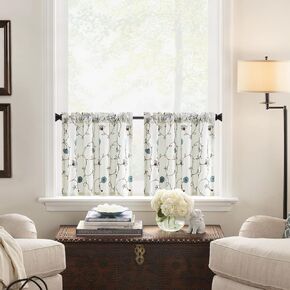 VOGOL Kitchen Half Curtains, 24 Inch Length Elegant Blue Floral Embroidered Tier Curtains, Farmhouse Modern Short Small Window Curtains & Drapes, Rod Pocket, 2 Pieces, 30 x 24 in Kuwait