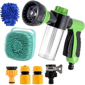 Jaxbo 7 Pcs Hose Nozzle Foam Sprayer， Pet Bathing Tool Set with Connectors, Dog Silicone Brush and Wash Mitt for Watering Plants, Cleaning,Car Wash and Showering Pet in Kuwait