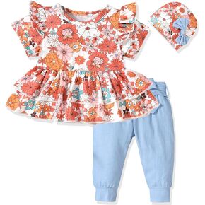 fioukiay Newborn Baby Girl Clothes Infant Girl Highlow Ruffle Outfits Bowknot Solid Top and Floral Pant 3PC Clothing Sets