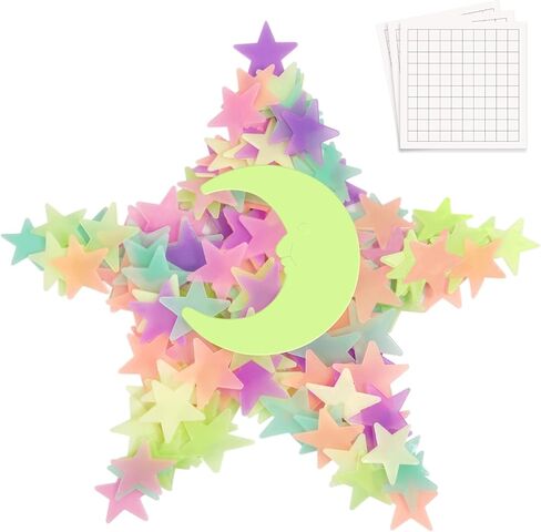 Glow in The Dark Stars and Moon for Ceiling - 200 Pcs Colorful 3D Glowing Stars for Kids Room Decor - Luminous Stickers Create a Realistic Starry Sky Ceiling Decor in Saudi Arabia