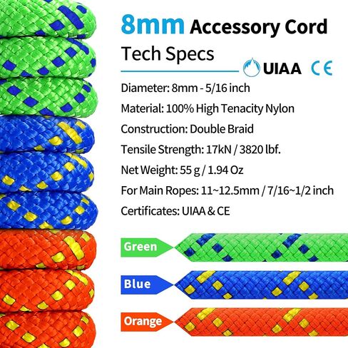 8mm Accessory Cord (5/16in) 10M(32ft) Prusik Cord Short Climbing Nylon Rope UIAA Double Braid Pre Cut Rope High Tensile Strength for Outdoor Rock Climbing, Arborist, Mountaineering, Caving in Saudi Arabia