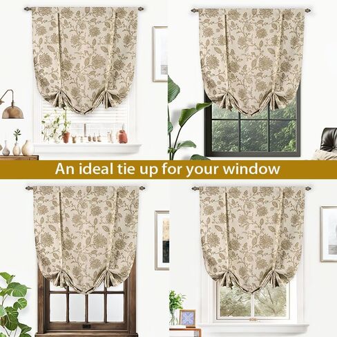 DriftAway Freda Jacobean Floral Linen Blend Room Darkening Thermal Insulated Linen Curtains Energy Saving Tie Up Adjustable Balloon Rod Pocket Curtain 45 Inch by 63 Inch Red Beige in Kuwait